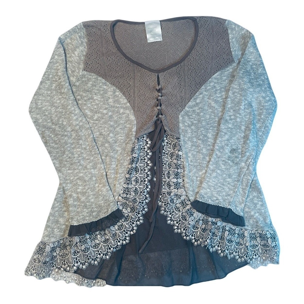 Unbranded Lace Trim Knit Top Womens Size 8 Gray Mixed Media Boho Lace Up Sweater